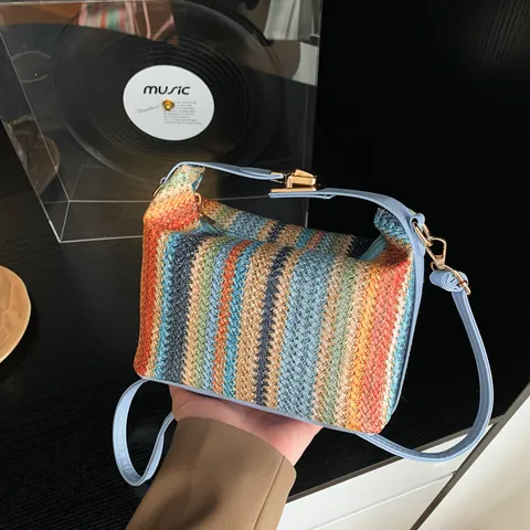 Women Fashion Straw Woven Handbag Contrast Color Stripe Box Crossbody Bag With Detachable Strap Vacation Beach Style