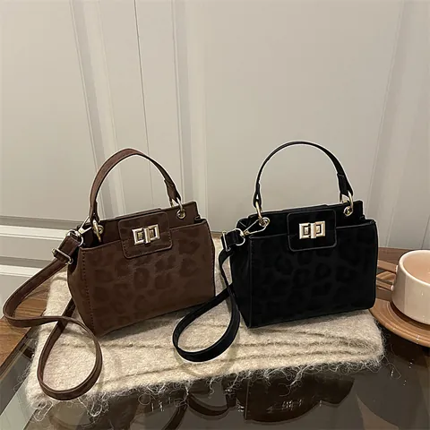 Women Fashion Leopard Print Small Square Bag Vintage Faux Suede Shoulder Crossbody Bag With Metal Lock Handle Daily Tote