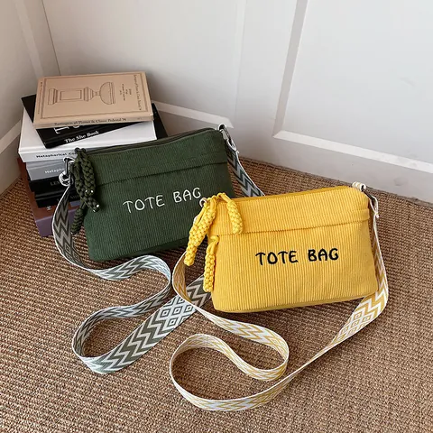Bolso Bandolera de Pana Casual para Mujer Bordado TOTE BAG Correa Ancha Geométrica Ajustable Bolso Tote Fresco Uso Diario