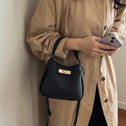 Bolso Bombonera Minimalista de Cuero PU para Mujer Grano de Litchi Bolso de Mano con Cierre de Metal Correa Ajustable