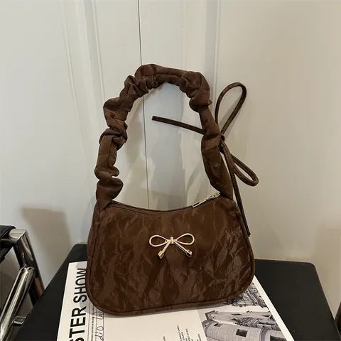 Women Bow Shoulder Bag Ruched Underarm Bag With Golden Bowknot PU Leather Fashion Scrunchie Handle Small Handbag Hobo Bag