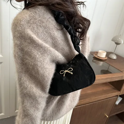 Women Bow Shoulder Bag Ruched Underarm Bag With Golden Bowknot PU Leather Fashion Scrunchie Handle Small Handbag Hobo Bag