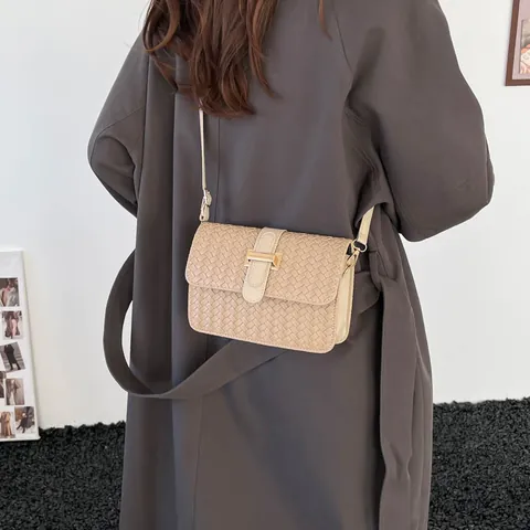 Bolso Bandolera de Cuir PU Tejido de Moda para Mujer Con Hebilla H Dorada Bolso de Hombro Cuadrado Vintage para Oficina Diario