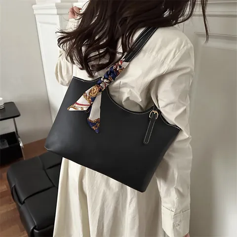 Minimalistische PU-Leder Tote Bag für Damen mit dekorativem Satinschal Kontrastnähten Große Kapazität Umhängetasche Alltagstasche
