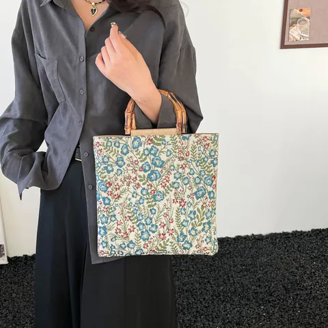 Damen Vintage Jacquard Tragetasche Mit Bambusgriff Große Kapazität Blumenmuster Baumwolle Leinen Stoff Handtasche Für Den Alltag
