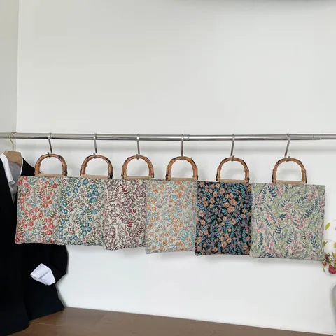 Damen Vintage Jacquard Tragetasche Mit Bambusgriff Große Kapazität Blumenmuster Baumwolle Leinen Stoff Handtasche Für Den Alltag