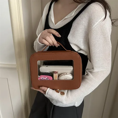 Borsa da Trucco Portatile in Pelle PU Trasparente Con Finestra Viaggio Necessaire Per Donna Organizzatore Di Trucchi