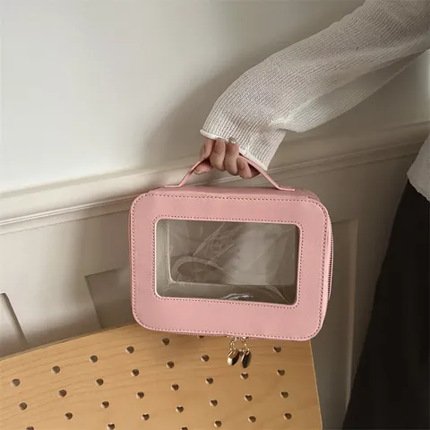Borsa da Trucco Portatile in Pelle PU Trasparente Con Finestra Viaggio Necessaire Per Donna Organizzatore Di Trucchi