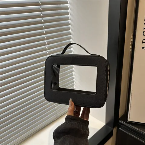 Neceser de Maquillaje Portátil Con Ventana Transparente de Cuero PU Bolsa de Viaje para Aseo Organizador de Mano para Mujer