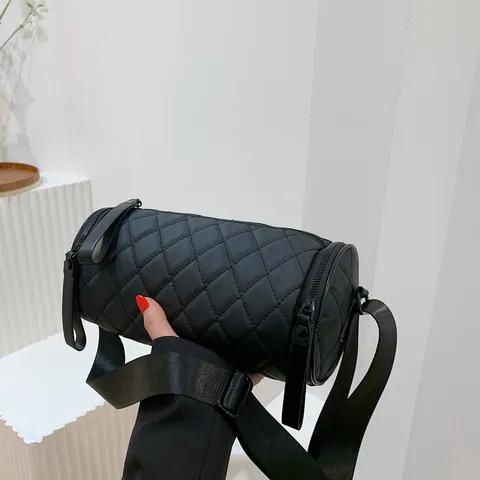 Bolso de Hombro Cilíndrico Acolchado de Rombos para Mujer Bolso Bandolera de Cuero PU con Correa Ancha Ajustable Bolso Casual