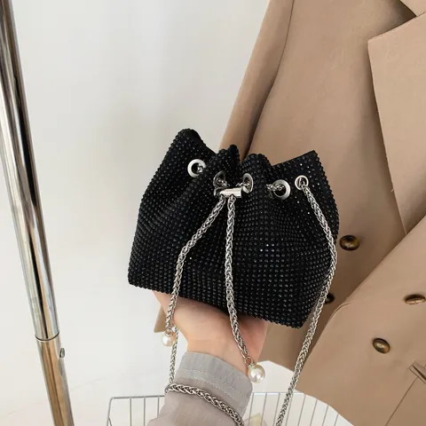 Damen Strass Beuteltasche Funkelnde Voll Diamant Kordelzug Handtasche Mit Metallkette Riemen Künstliche Perle Dekor Party Abendtasche Geschenk