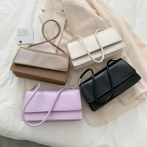 Minimalistische Unterarmtasche Aus PU-Leder Für Damen Rechteckige Klappentasche Schultertasche Mit Goldenen Metallzylindern