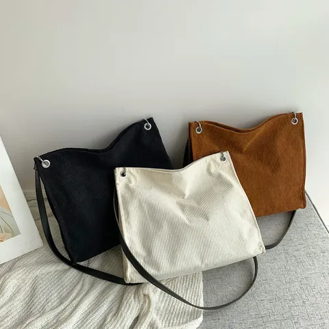 Women Corduroy Shoulder Bag Large Capacity Solid Color Striped Tote Bag With PU Leather Strap Casual Minimalist Commute Bag