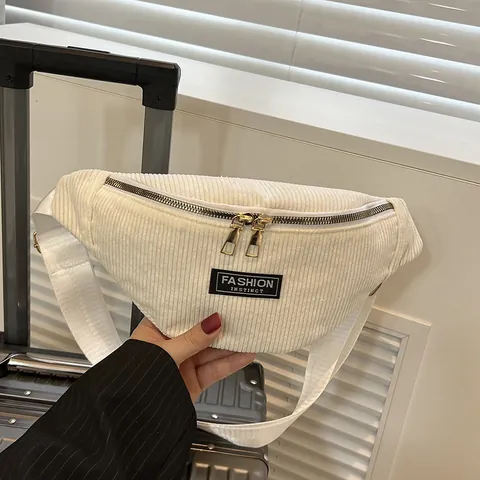 Fashion Corduroy Chest Bag For Women Men Casual Striped Waist Bag With Gold Zipper Adjustable Strap Unisex Crossbody Bag