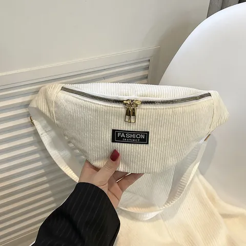 Fashion Corduroy Chest Bag For Women Men Casual Striped Waist Bag With Gold Zipper Adjustable Strap Unisex Crossbody Bag