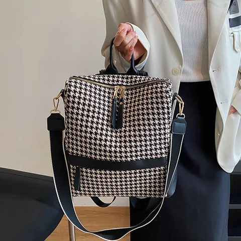 Women Retro High Capacity Knit Backpack Fashion Houndstooth Letter Floral Leopard Print Shoulder Bag Adjustable Straps