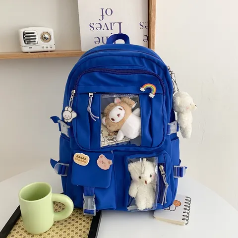 Cute School Backpack For Girls Large Capacity Polyester Oxford Multi-Pocket Japanese Style Laptop Bag With Plush Charms