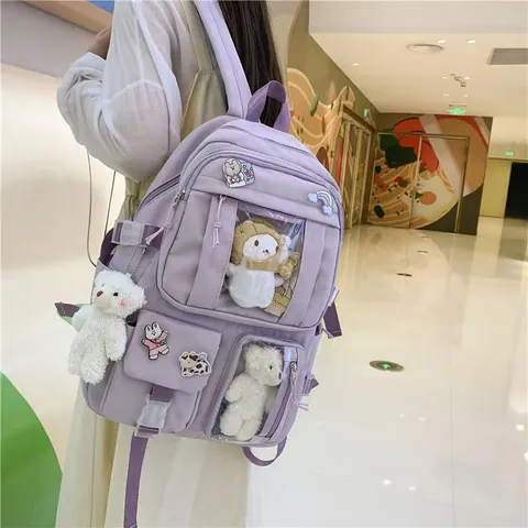 Cute School Backpack For Girls Large Capacity Polyester Oxford Multi-Pocket Japanese Style Laptop Bag With Plush Charms