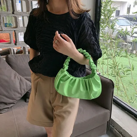 Bolso de Axila de Cuero PU Fruncido Elegante para Mujer Bolso de Hombro de Nube Plisado Moda Bolso de Mano Pequeño Color Sólido