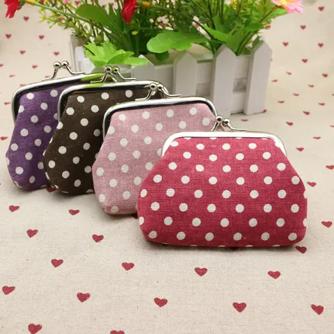 Vintage Polka Dot Linen Coin Purse With Metal Kiss Lock Clasp Portable Mini Money Storage Pouch For Women Kids Gift Jewelry Bag