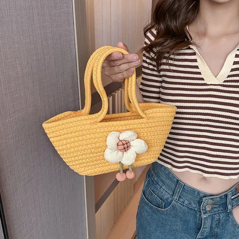 Bolso de Mano de Cuerda de Algodón Tejido para Mujer Con Flor 3D Grande Vacaciones de Verano Playa Lindo Bolso de Cubo Tejido a Mano Cesta Pequeña