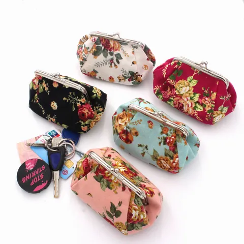 Vintage Floral Canvas Coin Purse For Women Retro Metal Kiss Clasp Mini Wallet Printed Storage Bag Small Clutch Bag Key Card Holder