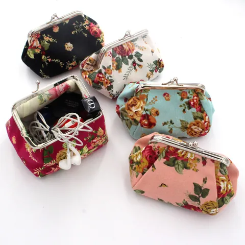 Vintage Floral Canvas Coin Purse For Women Retro Metal Kiss Clasp Mini Wallet Printed Storage Bag Small Clutch Bag Key Card Holder