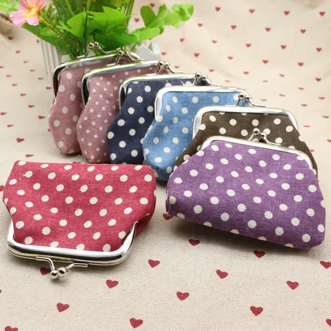 Vintage Polka Dot Linen Coin Purse With Metal Kiss Lock Clasp Portable Mini Money Storage Pouch For Women Kids Gift Jewelry Bag