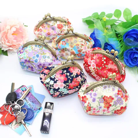 Japanese Style Floral Print Cotton Coin Purse With Vintage Metal Kiss Lock Small Handmade Wallet Cosmetic Storage Bag Women