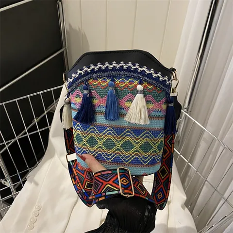 Bolso de Cubo de Punto de Estilo Bohemio Étnico para Mujer Patrón Geométrico Retro Borlas Correa Colorida Bandolera