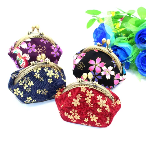 Japanse Stijl Vintage Katoenen Portemonnee Goudstempelen Kersenbloem Vlinder Metalen Beugelsluiting Dames Portemonnee