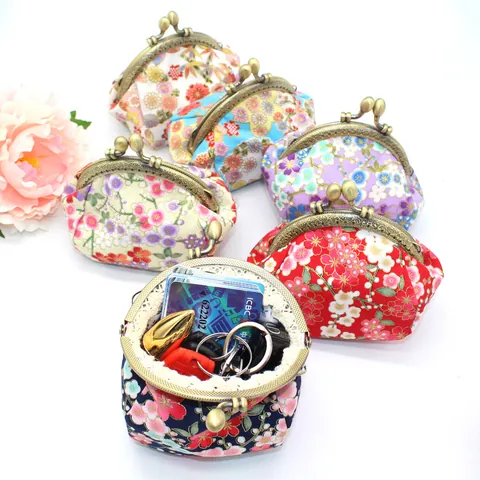 Japanese Style Floral Print Cotton Coin Purse With Vintage Metal Kiss Lock Small Handmade Wallet Cosmetic Storage Bag Women