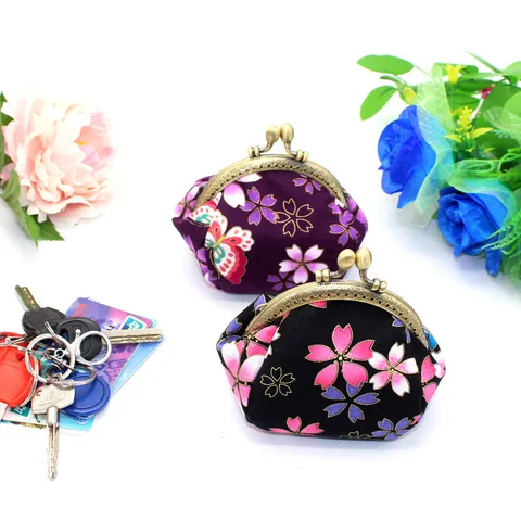 Japanse Stijl Vintage Katoenen Portemonnee Goudstempelen Kersenbloem Vlinder Metalen Beugelsluiting Dames Portemonnee