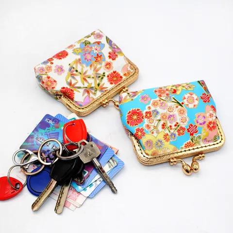 Handmade Japanese Style Wagashi Kiss-Lock Coin Purse For Women Polyester Satin Brocade Floral Pattern Mini Storage Bag