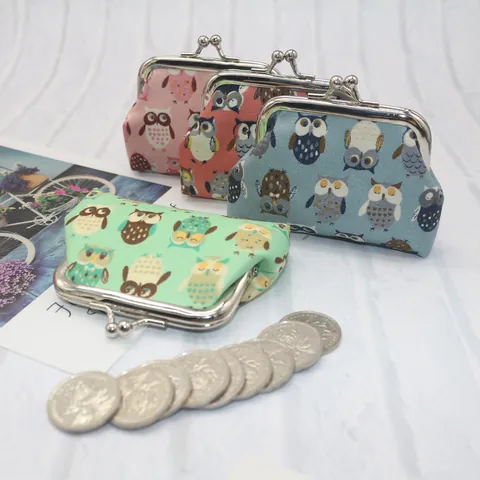 Cute Owl Print Mini Coin Purse Vintage Kiss Lock Cotton Canvas Small Wallet For Kids Women Daily Storage Gift Bag