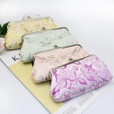 Vintage Bloemen Borduurwerk Satijn Kusslot Muntzakje Clutch Tas Voor Vrouwen Retro Japanse Stijl Jacquard Stof Pouch