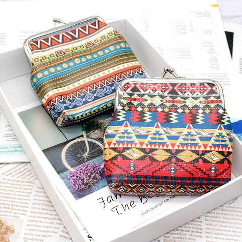 Women Vintage Ethnic Style Coin Purse PU Leather Bohemian Printed Pouch With Metal Kiss-lock Closure Portable Wallet For Storage