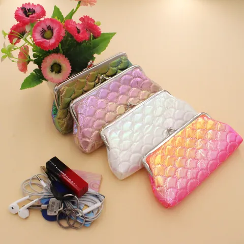 Damen Laser Fischschuppen PU Leder Münzbörse Holografische Meerjungfrau Kosmetiktasche Mit Metall Kiss Lock Verschluss Handtasche