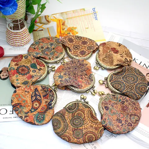 Women Vintage Ethnic Wood Grain Print Coin Purse PU Leather Mini Wallet Retro Metal Kiss Lock Change Earphone Storage Pouch Bag
