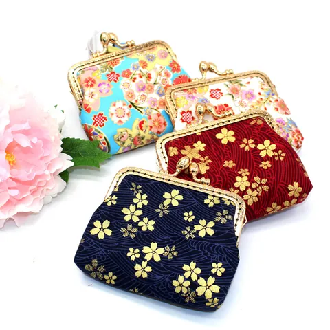 Handmade Japanese Style Wagashi Kiss-Lock Coin Purse For Women Polyester Satin Brocade Floral Pattern Mini Storage Bag