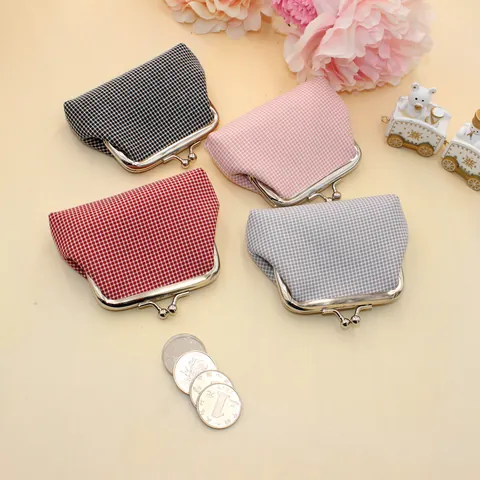 Vintage Katoen Hahnentritt Mini Portemonnee Met Kiss Lock Sluiting Kleine Raster Wisseltas Voor Dames Lippenstift Opslag