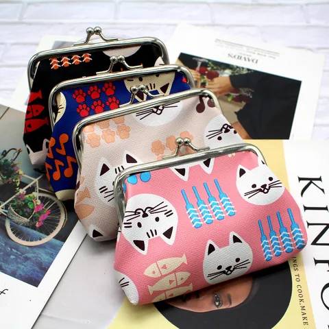 Mini Monedero de Cuero PU con Estampado de Gato de Dibujos Animados para Mujer Cartera Pequeña con Cierre de Boquilla para Monedas