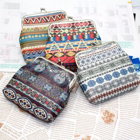 Women Vintage Ethnic Style Coin Purse PU Leather Bohemian Printed Pouch With Metal Kiss-lock Closure Portable Wallet For Storage
