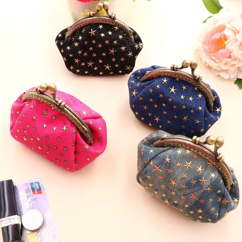 Vintage Denim Sternen Druck Kiss Lock Münzbeutel Retro Metall Verschluss Mini Geldbörse Für Damen Mädchen Tragbare Kleine Tasche Kartenhalter