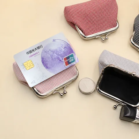 Vintage Cotton Houndstooth Mini Coin Purse With Metal Kiss Lock Closure Small Grid Change Pouch For Women Lipstick Storage