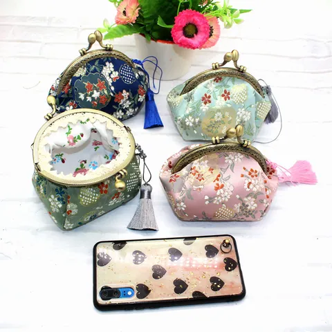 Portamonete Vintage in Raso Broccato a Fiori Con Chiusura a Scatto in Metallo Nappa Piccola Borsa per Donna