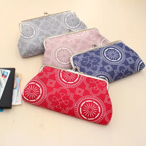 Vintage Canvas Geometric Pattern Kiss Lock Coin Purse Retro Small Clutch Makeup Bag Portable Handbag For Women