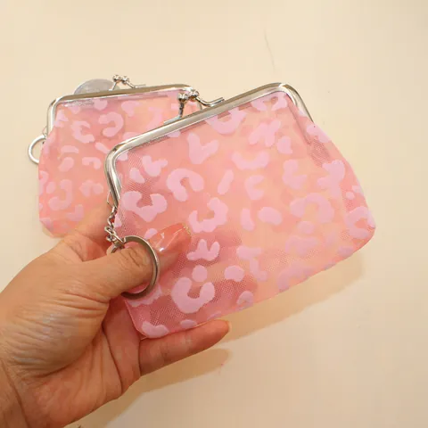 Portamonete da Donna in Rete con Stampa Leopardata e Cuore Chiusura Kiss Lock Mini Portafoglio in Nylon Retro Con Portachiavi
