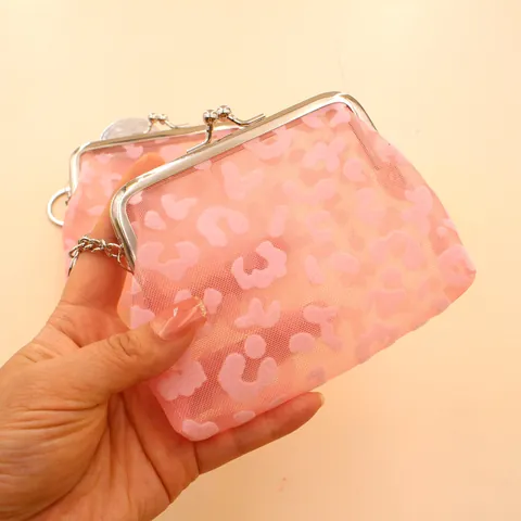 Portamonete da Donna in Rete con Stampa Leopardata e Cuore Chiusura Kiss Lock Mini Portafoglio in Nylon Retro Con Portachiavi