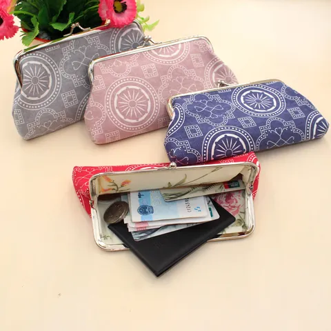 Vintage Canvas Geometric Pattern Kiss Lock Coin Purse Retro Small Clutch Makeup Bag Portable Handbag For Women